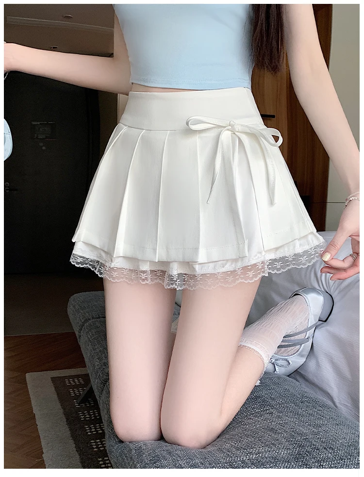 Casual Girls Lace Patchwork Pleated Skirt Women's High Waist Y2k Clothes Korean Summer Grey A-Line Sweet Mini Skirt with Shorts