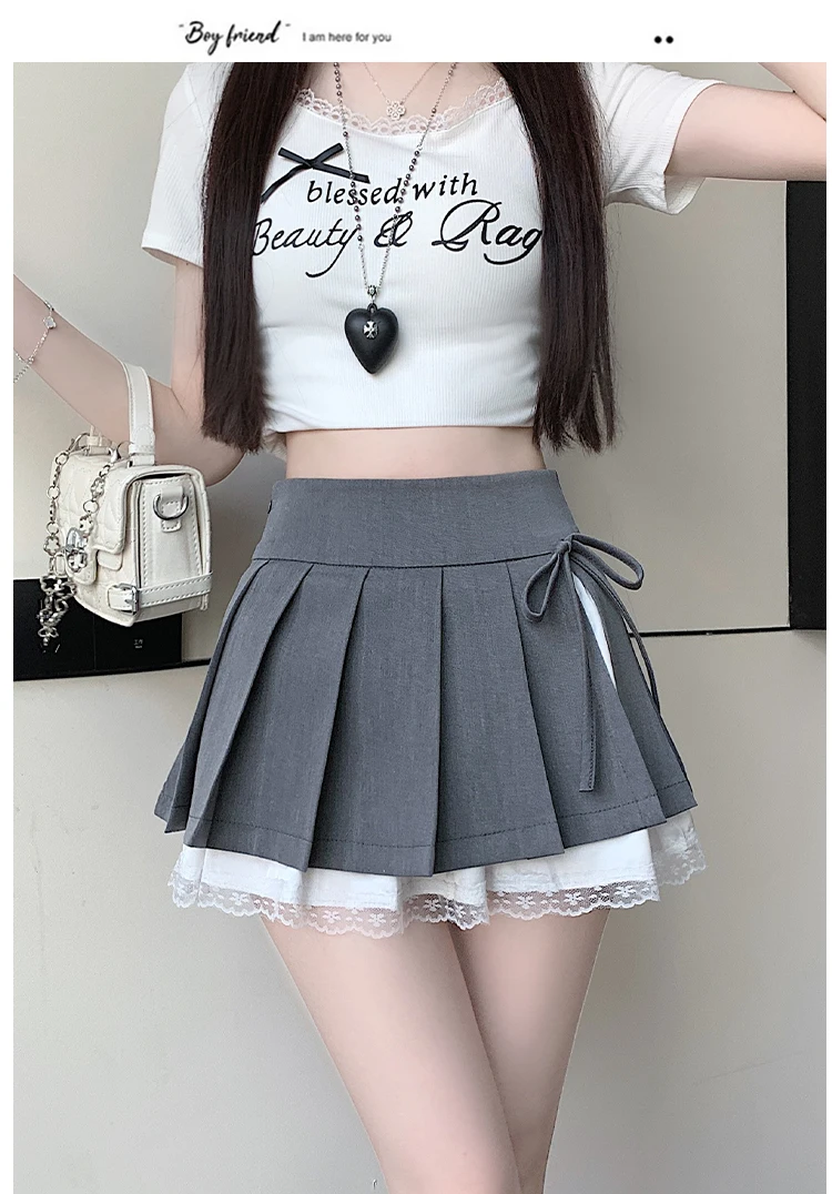 Casual Girls Lace Patchwork Pleated Skirt Women's High Waist Y2k Clothes Korean Summer Grey A-Line Sweet Mini Skirt with Shorts