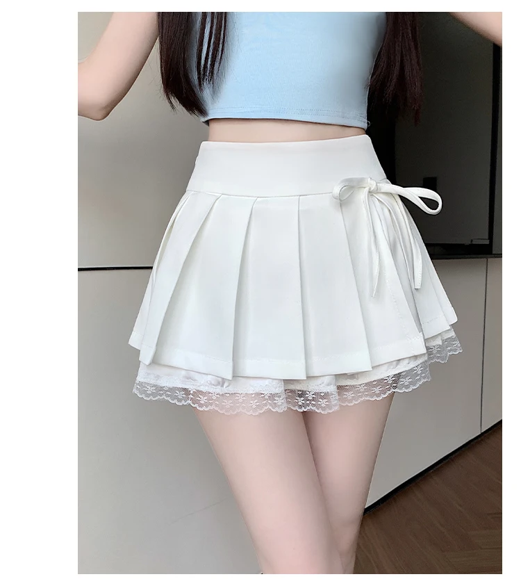 Casual Girls Lace Patchwork Pleated Skirt Women's High Waist Y2k Clothes Korean Summer Grey A-Line Sweet Mini Skirt with Shorts