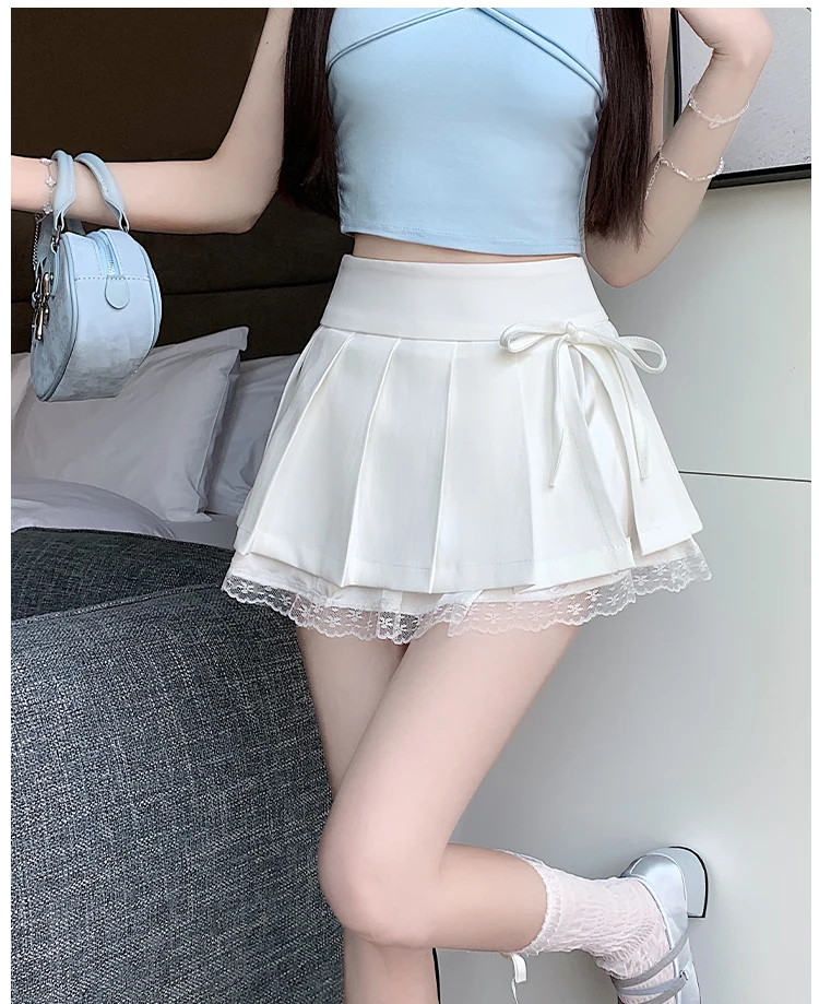 Casual Girls Lace Patchwork Pleated Skirt Women's High Waist Y2k Clothes Korean Summer Grey A-Line Sweet Mini Skirt with Shorts