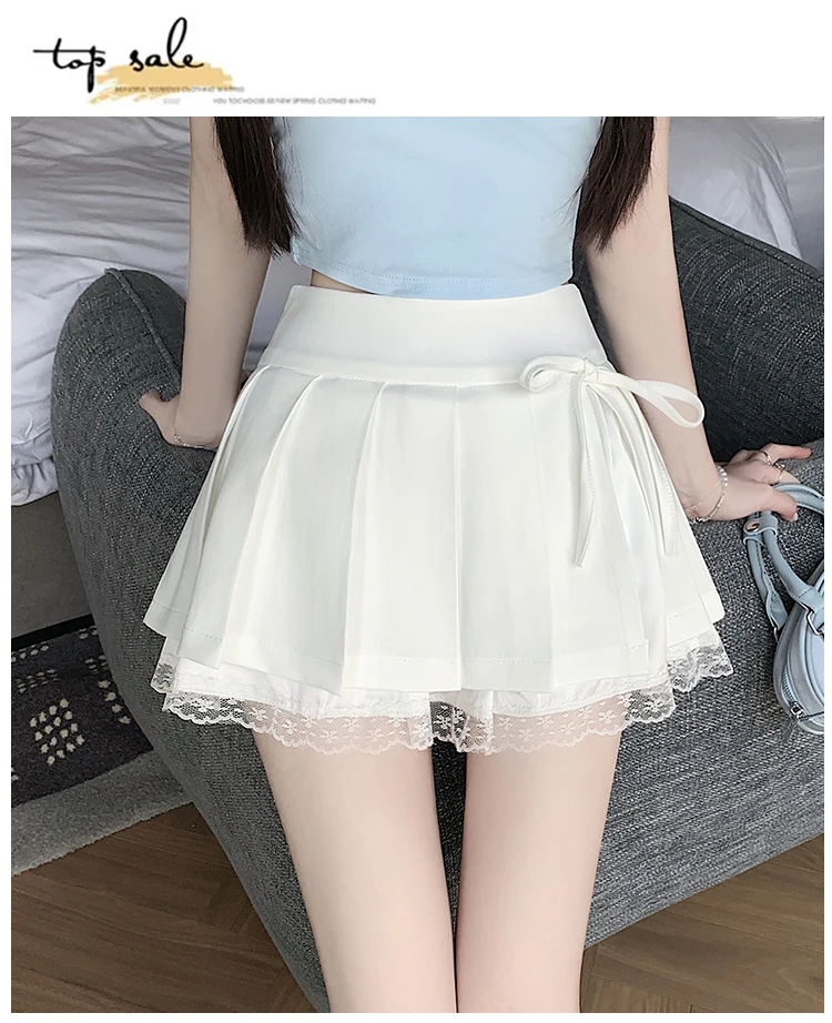 Casual Girls Lace Patchwork Pleated Skirt Women's High Waist Y2k Clothes Korean Summer Grey A-Line Sweet Mini Skirt with Shorts