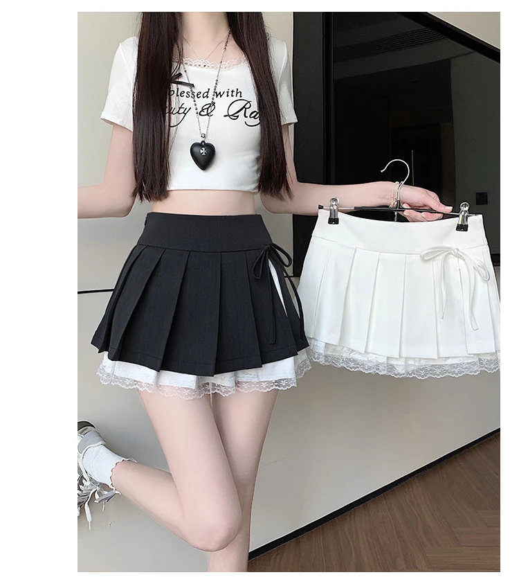 Casual Girls Lace Patchwork Pleated Skirt Women's High Waist Y2k Clothes Korean Summer Grey A-Line Sweet Mini Skirt with Shorts