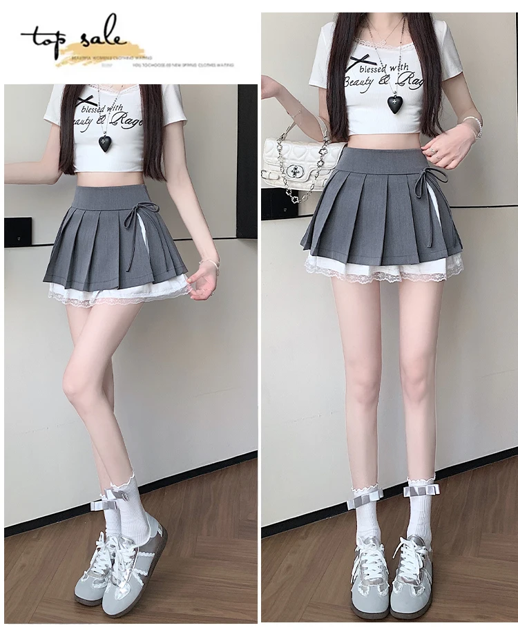 Casual Girls Lace Patchwork Pleated Skirt Women's High Waist Y2k Clothes Korean Summer Grey A-Line Sweet Mini Skirt with Shorts
