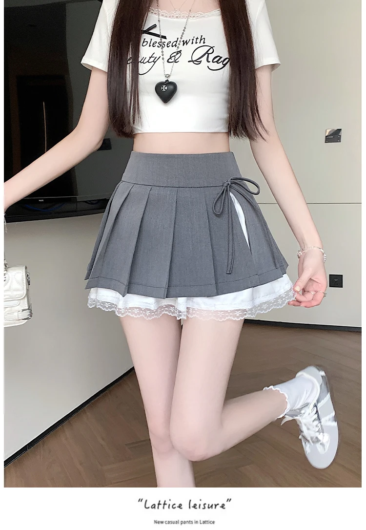 Casual Girls Lace Patchwork Pleated Skirt Women's High Waist Y2k Clothes Korean Summer Grey A-Line Sweet Mini Skirt with Shorts