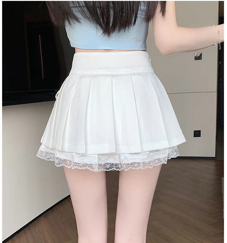 Casual Girls Lace Patchwork Pleated Skirt Women's High Waist Y2k Clothes Korean Summer Grey A-Line Sweet Mini Skirt with Shorts