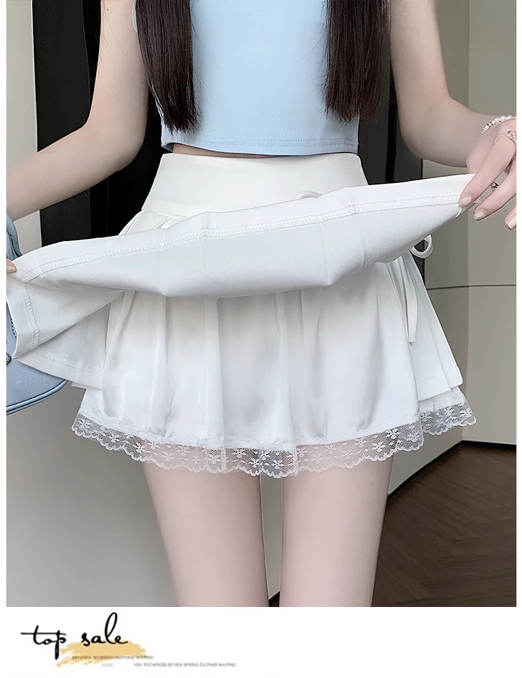 Casual Girls Lace Patchwork Pleated Skirt Women's High Waist Y2k Clothes Korean Summer Grey A-Line Sweet Mini Skirt with Shorts