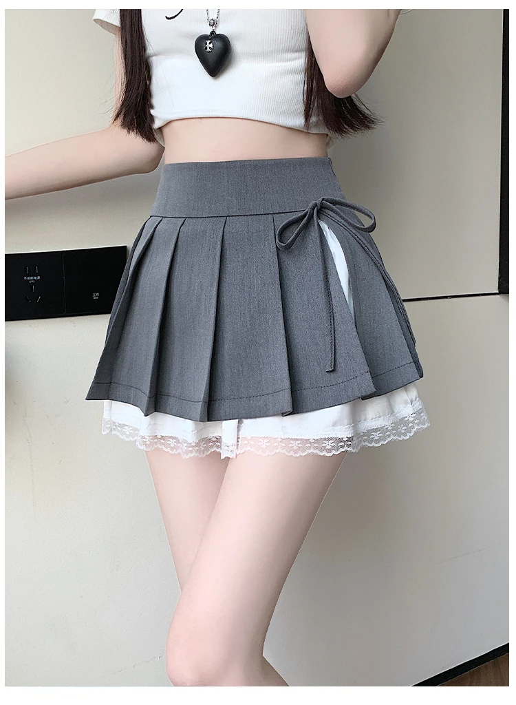 Casual Girls Lace Patchwork Pleated Skirt Women's High Waist Y2k Clothes Korean Summer Grey A-Line Sweet Mini Skirt with Shorts
