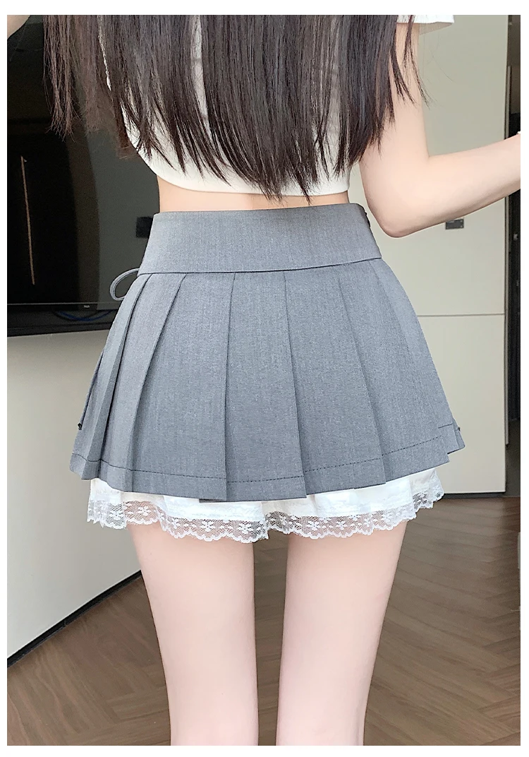 Casual Girls Lace Patchwork Pleated Skirt Women's High Waist Y2k Clothes Korean Summer Grey A-Line Sweet Mini Skirt with Shorts