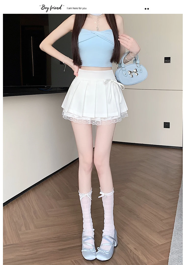 Casual Girls Lace Patchwork Pleated Skirt Women's High Waist Y2k Clothes Korean Summer Grey A-Line Sweet Mini Skirt with Shorts