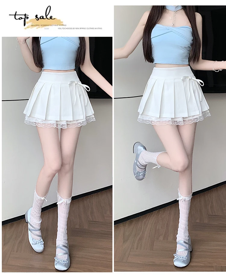 Casual Girls Lace Patchwork Pleated Skirt Women's High Waist Y2k Clothes Korean Summer Grey A-Line Sweet Mini Skirt with Shorts