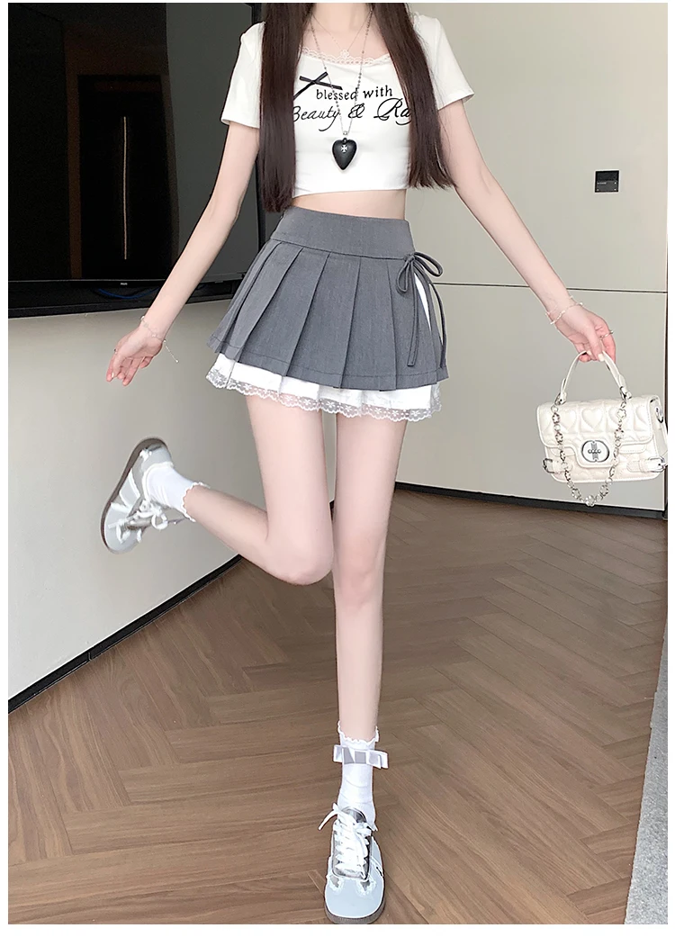 Casual Girls Lace Patchwork Pleated Skirt Women's High Waist Y2k Clothes Korean Summer Grey A-Line Sweet Mini Skirt with Shorts