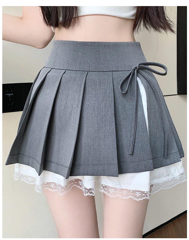 Casual Girls Lace Patchwork Pleated Skirt Women's High Waist Y2k Clothes Korean Summer Grey A-Line Sweet Mini Skirt with Shorts