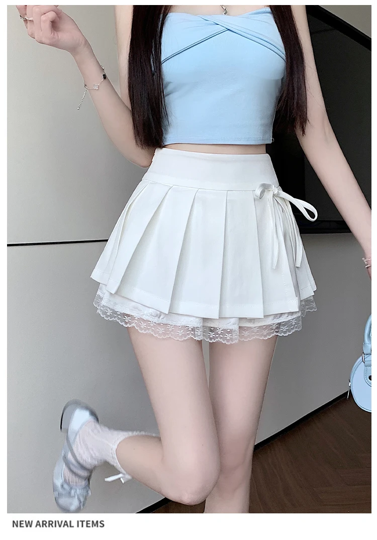 Casual Girls Lace Patchwork Pleated Skirt Women's High Waist Y2k Clothes Korean Summer Grey A-Line Sweet Mini Skirt with Shorts