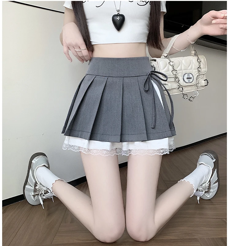 Casual Girls Lace Patchwork Pleated Skirt Women's High Waist Y2k Clothes Korean Summer Grey A-Line Sweet Mini Skirt with Shorts