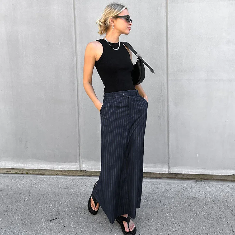 2025 New Formal Office Lady Long Skirt Fashion High Waist Striped Split Straight Skirts Woman Streetwear Vintage Maxi Skirts