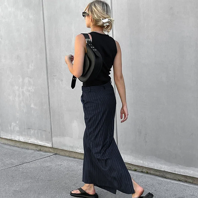 2025 New Formal Office Lady Long Skirt Fashion High Waist Striped Split Straight Skirts Woman Streetwear Vintage Maxi Skirts