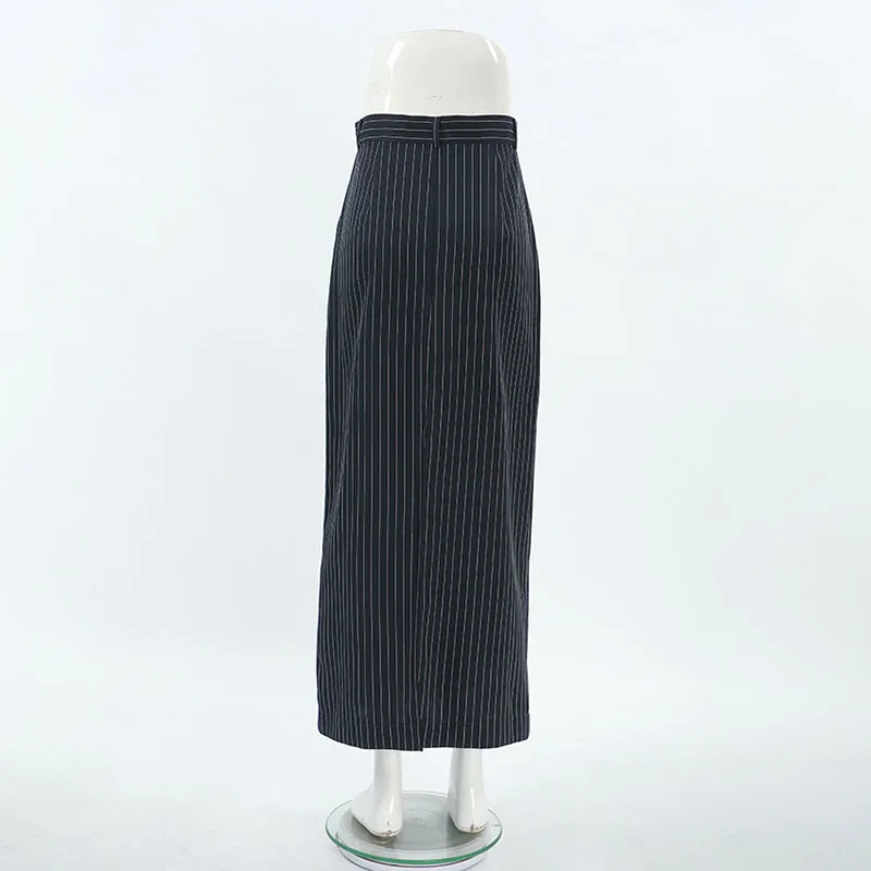 2025 New Formal Office Lady Long Skirt Fashion High Waist Striped Split Straight Skirts Woman Streetwear Vintage Maxi Skirts