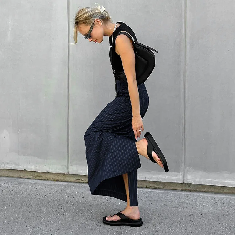 2025 New Formal Office Lady Long Skirt Fashion High Waist Striped Split Straight Skirts Woman Streetwear Vintage Maxi Skirts
