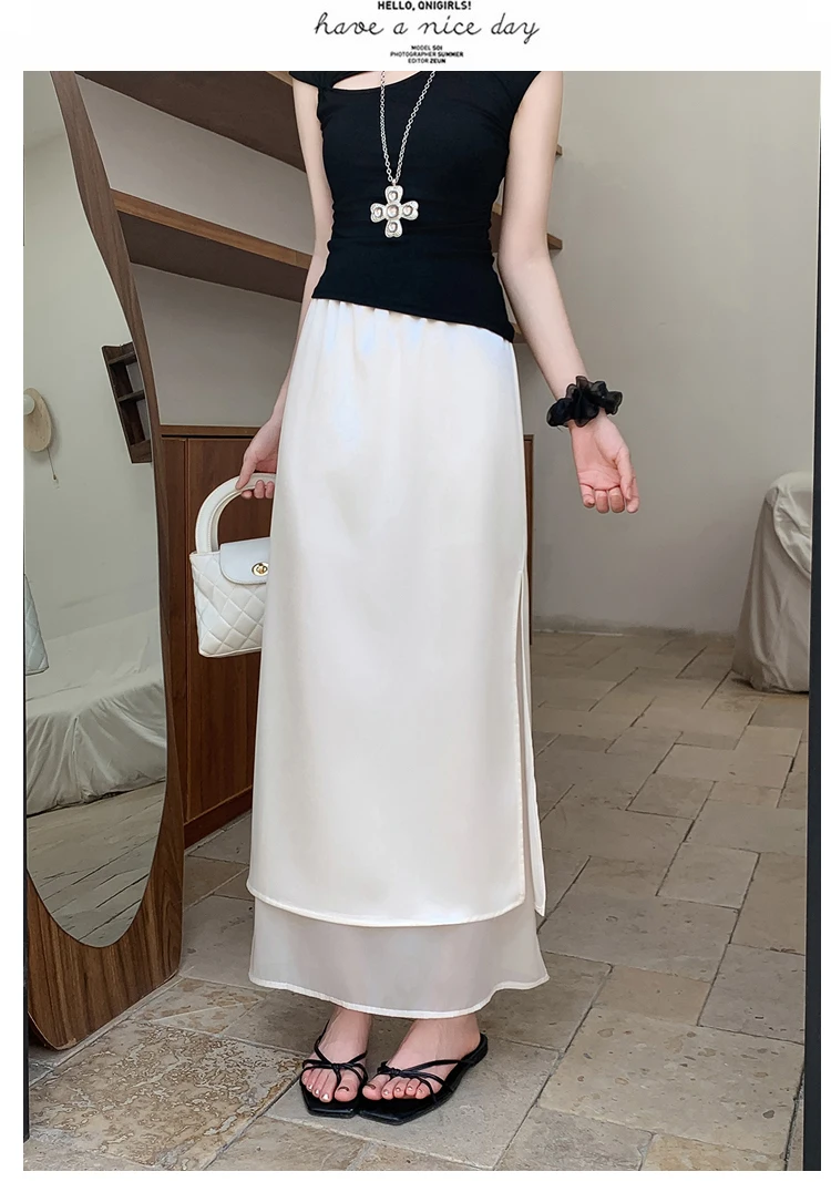 Acetate Satin Tulle Paneled Slit Skirt Women's Summer Lightweight Casual Long Skirt High-waist Elegant A-line Skirt Office Lady