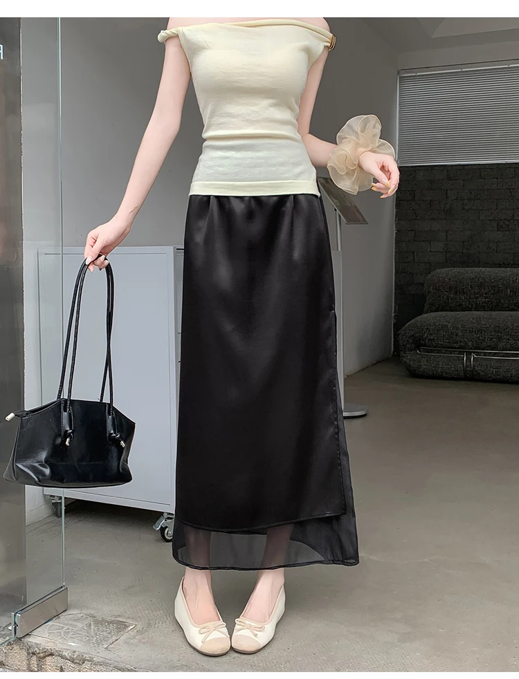 Acetate Satin Tulle Paneled Slit Skirt Women's Summer Lightweight Casual Long Skirt High-waist Elegant A-line Skirt Office Lady