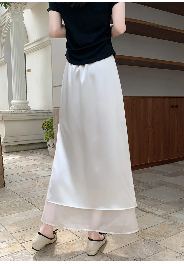 Acetate Satin Tulle Paneled Slit Skirt Women's Summer Lightweight Casual Long Skirt High-waist Elegant A-line Skirt Office Lady