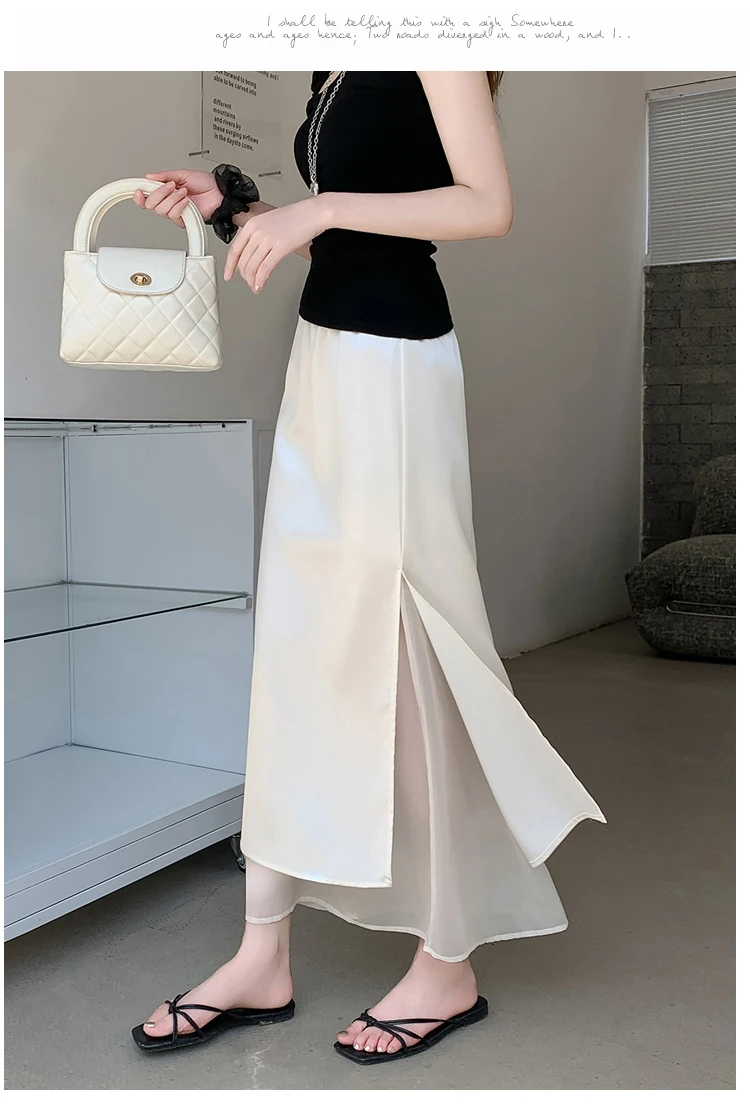 Acetate Satin Tulle Paneled Slit Skirt Women's Summer Lightweight Casual Long Skirt High-waist Elegant A-line Skirt Office Lady