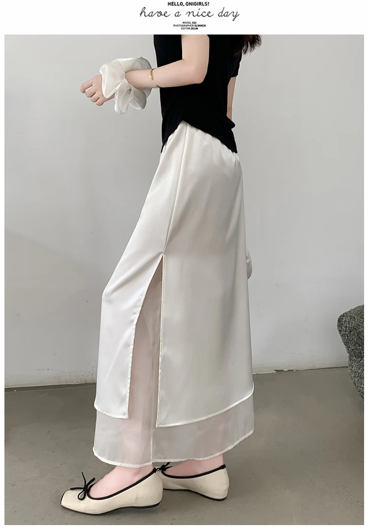 Acetate Satin Tulle Paneled Slit Skirt Women's Summer Lightweight Casual Long Skirt High-waist Elegant A-line Skirt Office Lady