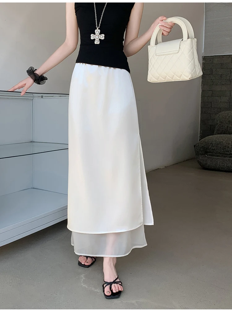 Acetate Satin Tulle Paneled Slit Skirt Women's Summer Lightweight Casual Long Skirt High-waist Elegant A-line Skirt Office Lady