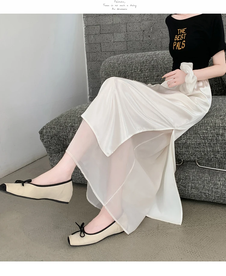 Acetate Satin Tulle Paneled Slit Skirt Women's Summer Lightweight Casual Long Skirt High-waist Elegant A-line Skirt Office Lady