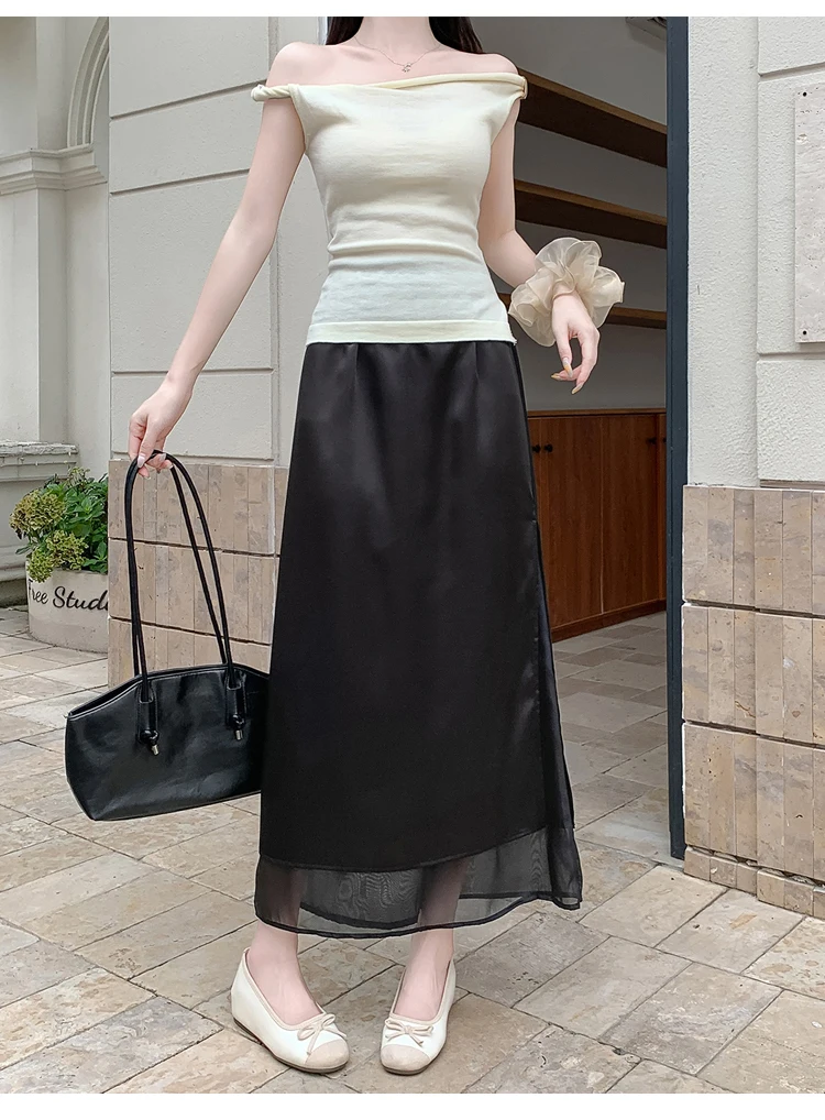 Acetate Satin Tulle Paneled Slit Skirt Women's Summer Lightweight Casual Long Skirt High-waist Elegant A-line Skirt Office Lady