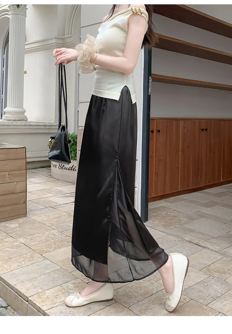 Acetate Satin Tulle Paneled Slit Skirt Women's Summer Lightweight Casual Long Skirt High-waist Elegant A-line Skirt Office Lady