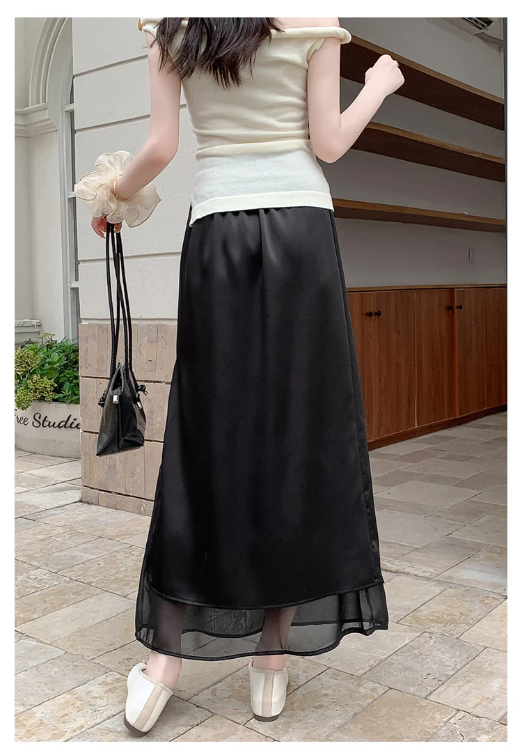 Acetate Satin Tulle Paneled Slit Skirt Women's Summer Lightweight Casual Long Skirt High-waist Elegant A-line Skirt Office Lady