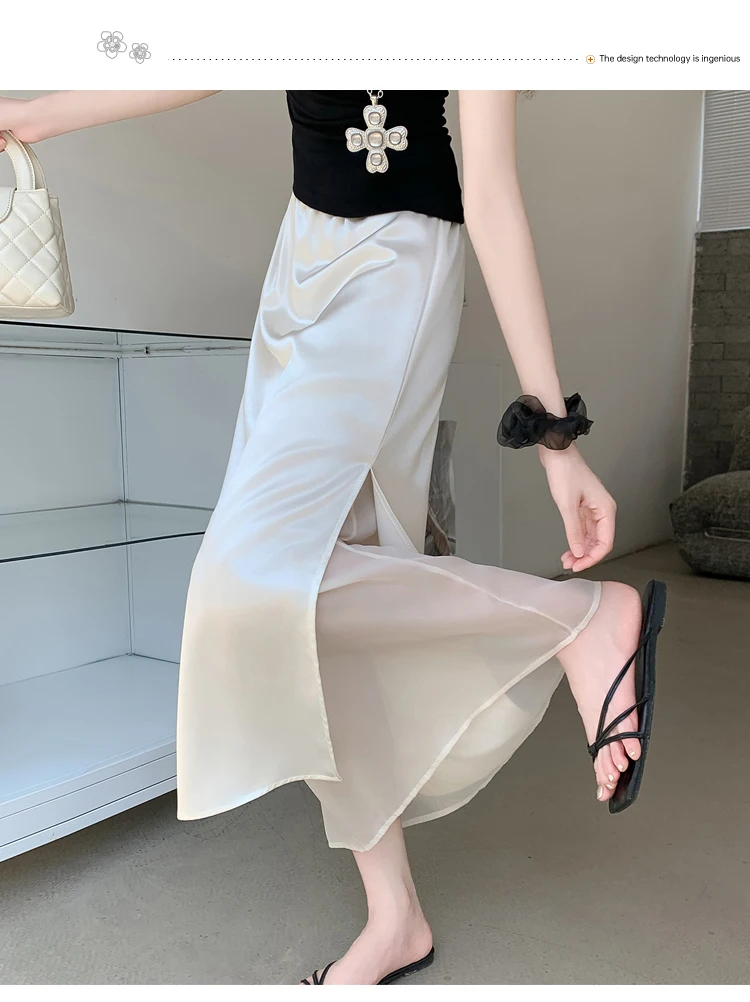 Acetate Satin Tulle Paneled Slit Skirt Women's Summer Lightweight Casual Long Skirt High-waist Elegant A-line Skirt Office Lady