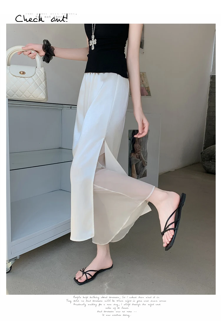 Acetate Satin Tulle Paneled Slit Skirt Women's Summer Lightweight Casual Long Skirt High-waist Elegant A-line Skirt Office Lady