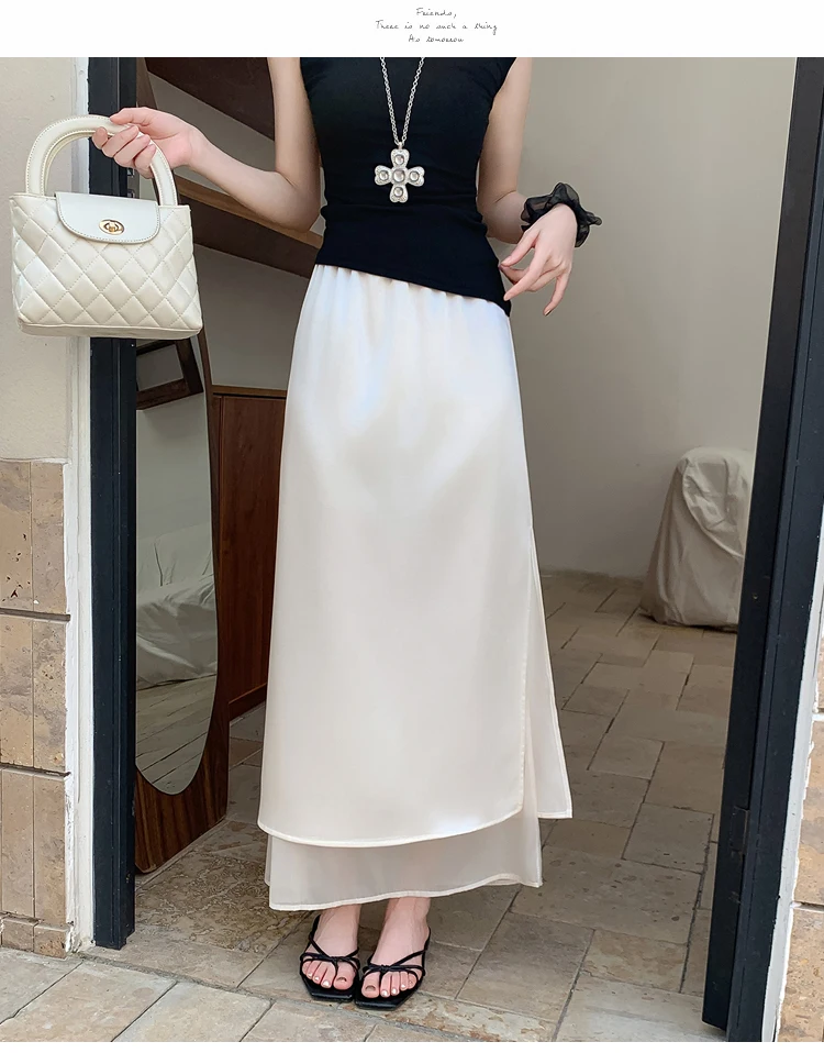 Acetate Satin Tulle Paneled Slit Skirt Women's Summer Lightweight Casual Long Skirt High-waist Elegant A-line Skirt Office Lady