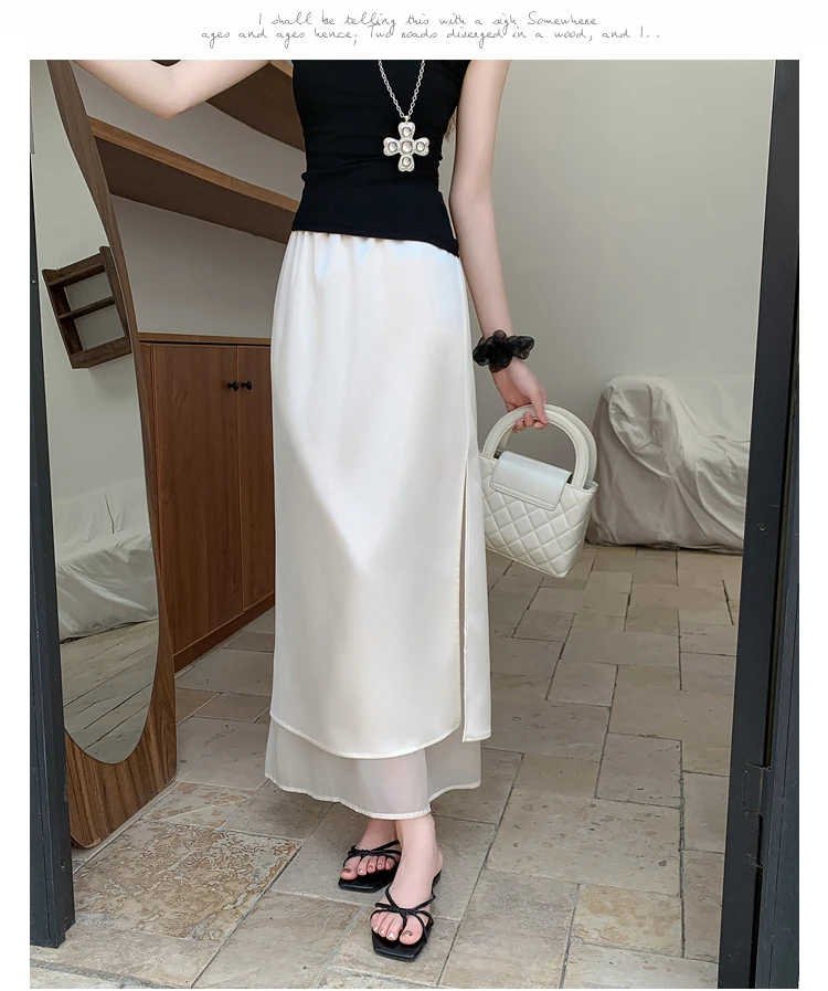 Acetate Satin Tulle Paneled Slit Skirt Women's Summer Lightweight Casual Long Skirt High-waist Elegant A-line Skirt Office Lady