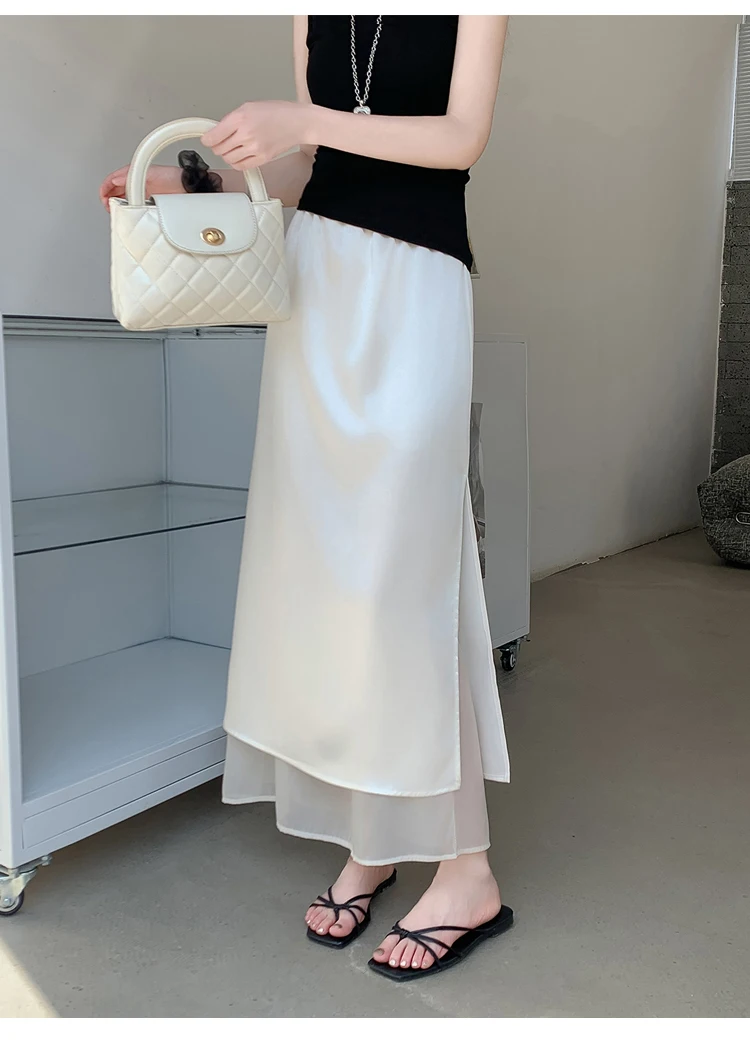 Acetate Satin Tulle Paneled Slit Skirt Women's Summer Lightweight Casual Long Skirt High-waist Elegant A-line Skirt Office Lady