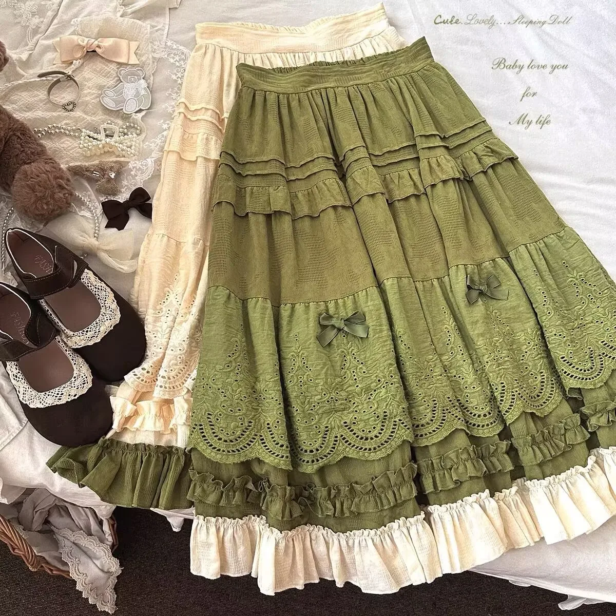 Lolita Midi Skirt Women Vintage Embroidery Lace Floral Bow Ruffles Long Skirts Kawaii Schoolgirl Prairie Chic Pink Y2k Skirt