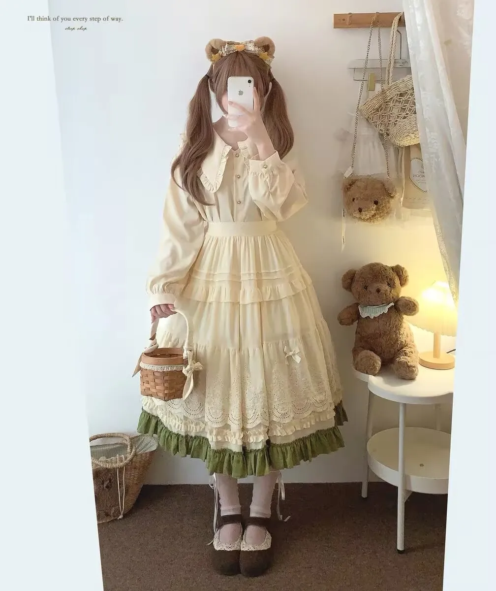 Lolita Midi Skirt Women Vintage Embroidery Lace Floral Bow Ruffles Long Skirts Kawaii Schoolgirl Prairie Chic Pink Y2k Skirt