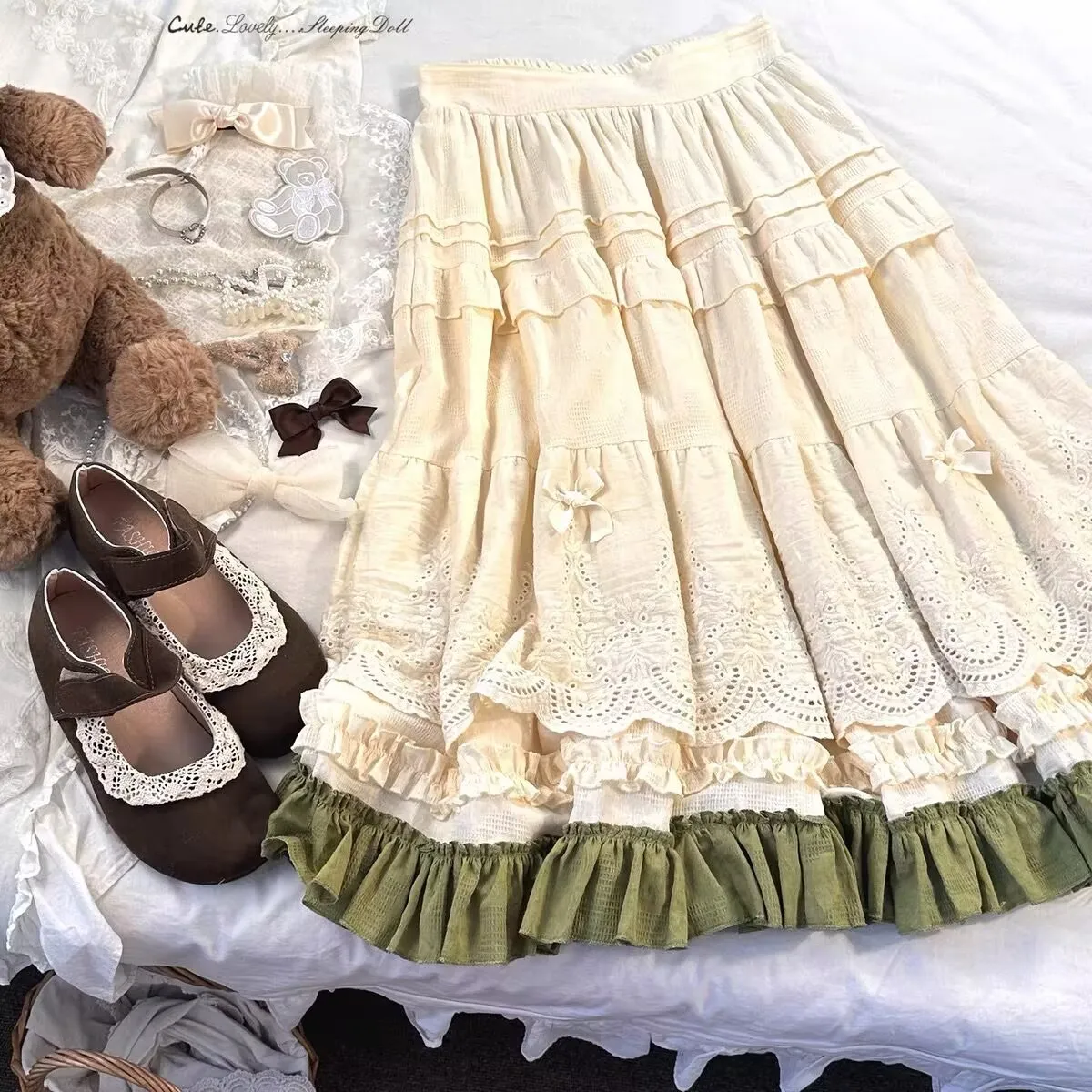 Lolita Midi Skirt Women Vintage Embroidery Lace Floral Bow Ruffles Long Skirts Kawaii Schoolgirl Prairie Chic Pink Y2k Skirt