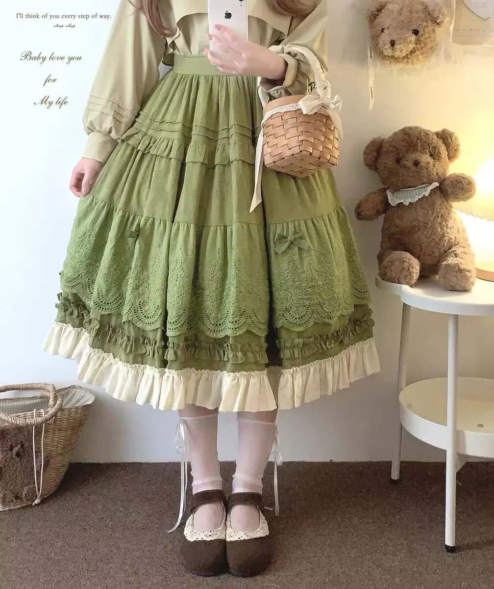 Lolita Midi Skirt Women Vintage Embroidery Lace Floral Bow Ruffles Long Skirts Kawaii Schoolgirl Prairie Chic Pink Y2k Skirt
