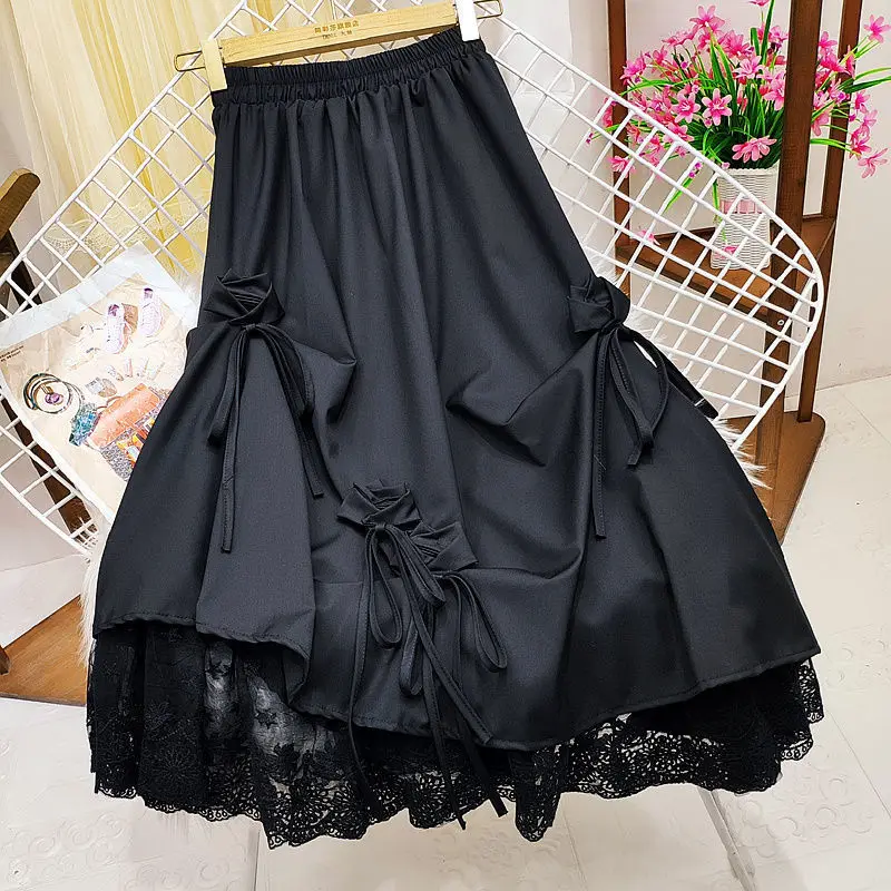 Japanese Style Women's Dull Black Long Dress High-Waisted Bow Spliced Lace A- Line Mid-Length Skirt Female Fashion