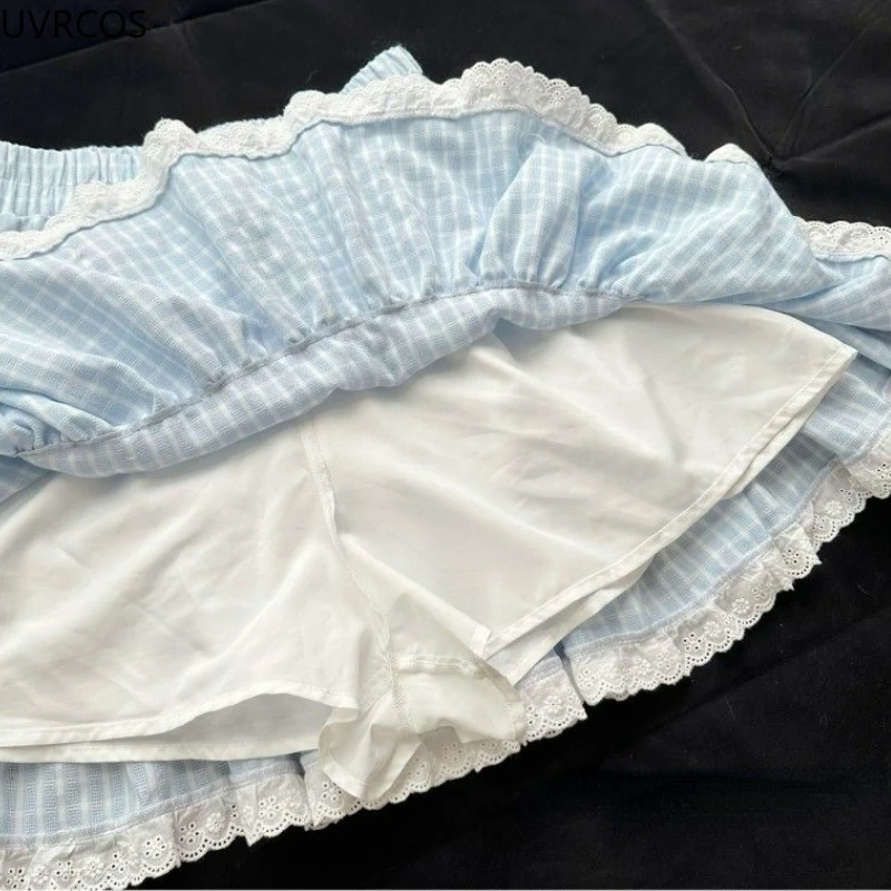 Kawaii Lolita Blue Plaid Mini Skirt Women Harajuku Y2k Aesthetic Bow Short Skirts Japanese Preppy Style Pleated Fairy Skirt 2024