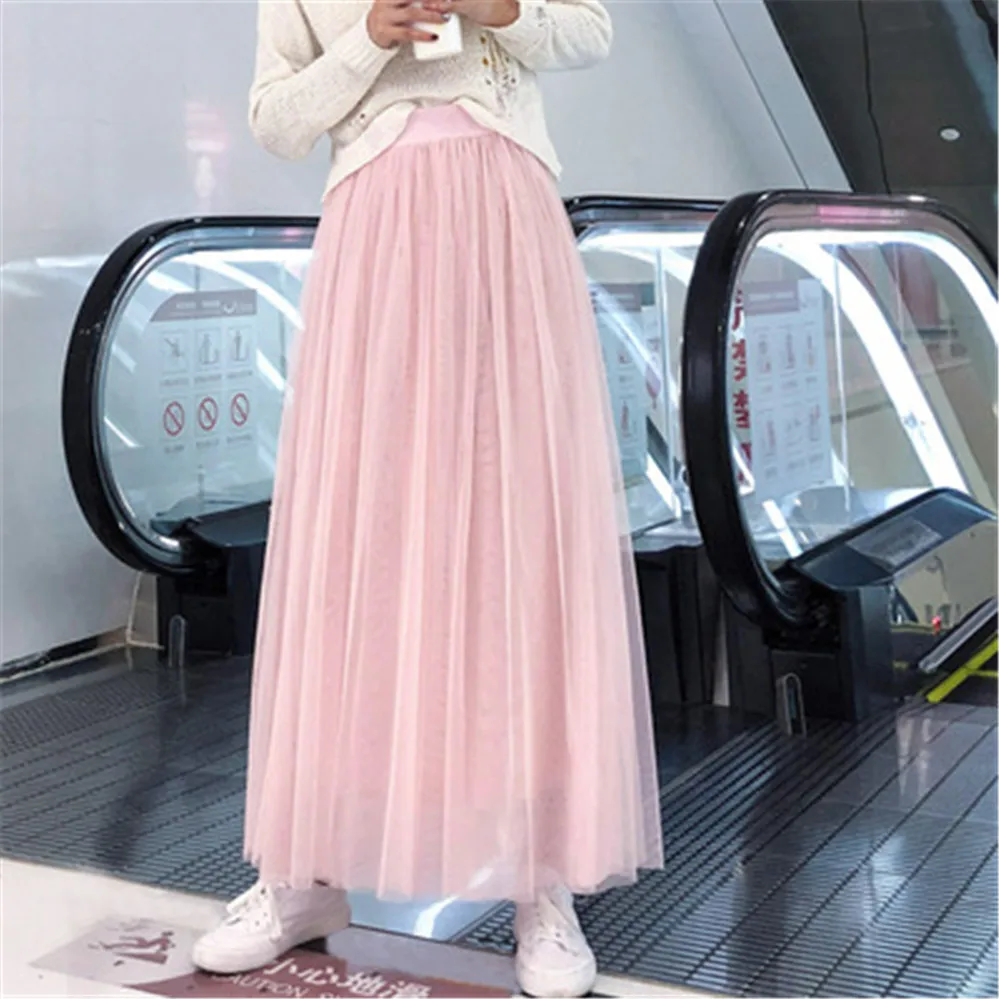 Korean Fashion New Spring Summer Vintage Tulle Skirt Women Elastic High Waist Mesh Skirts Female Dress Long Pleated Tutu Skirt