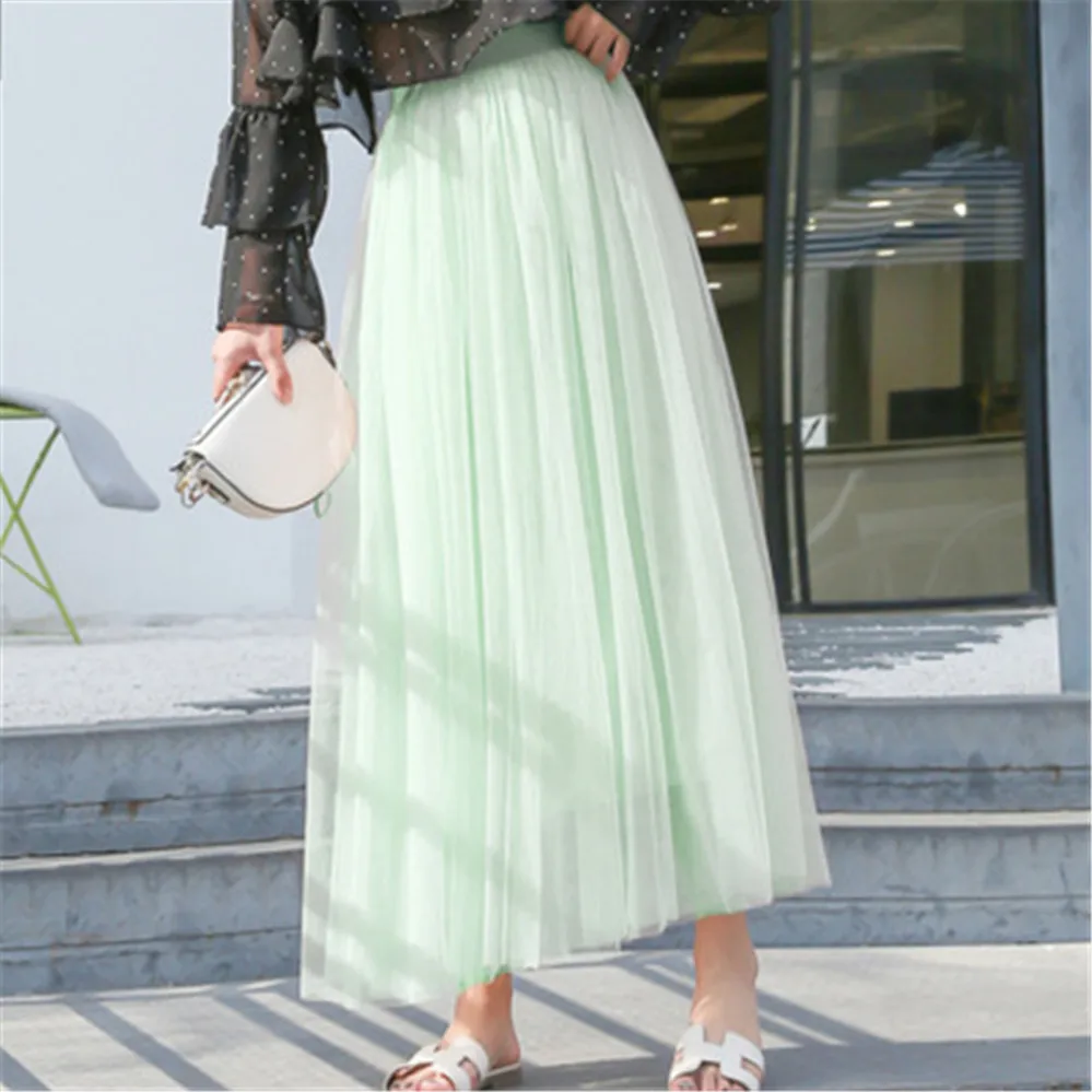 Korean Fashion New Spring Summer Vintage Tulle Skirt Women Elastic High Waist Mesh Skirts Female Dress Long Pleated Tutu Skirt