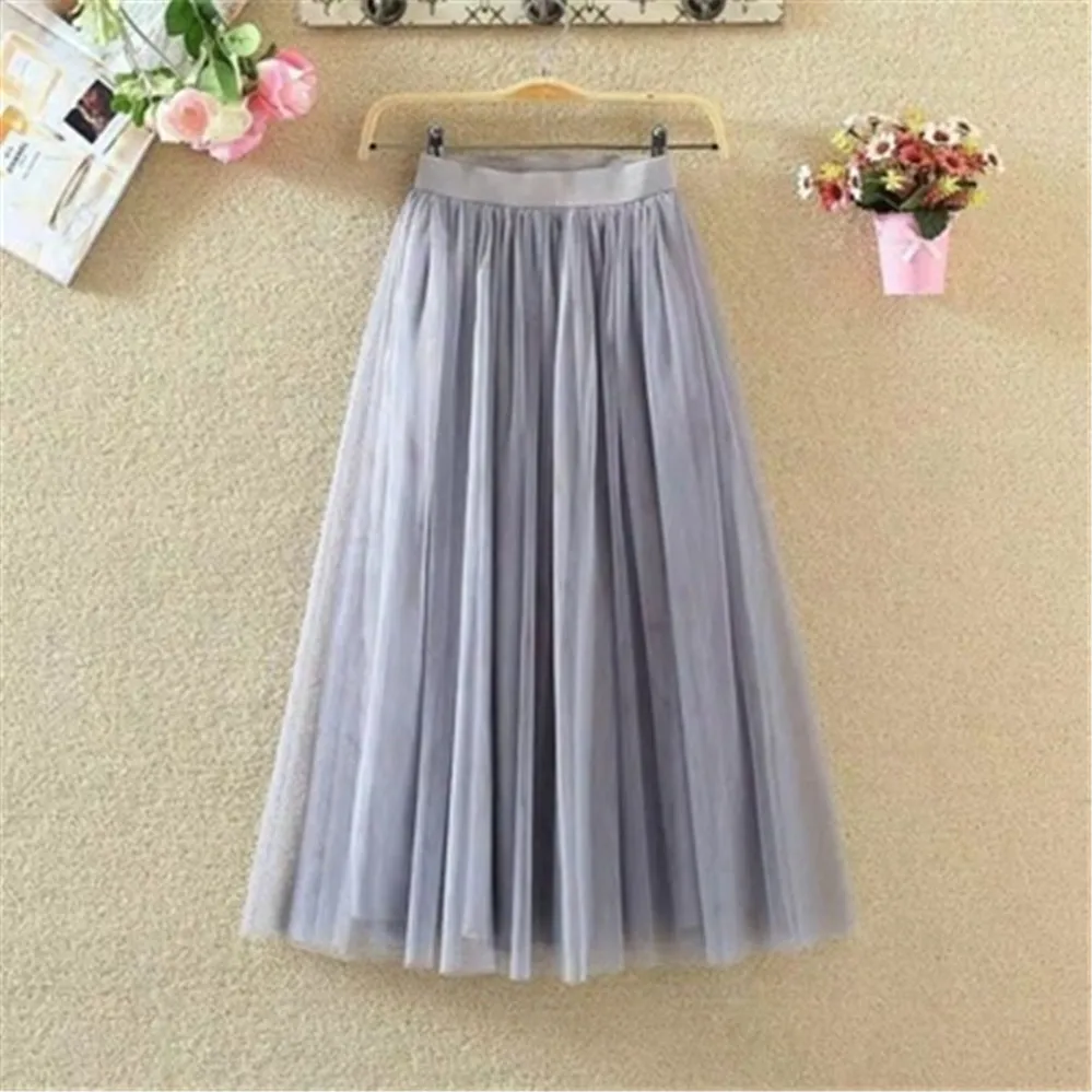 Korean Fashion New Spring Summer Vintage Tulle Skirt Women Elastic High Waist Mesh Skirts Female Dress Long Pleated Tutu Skirt