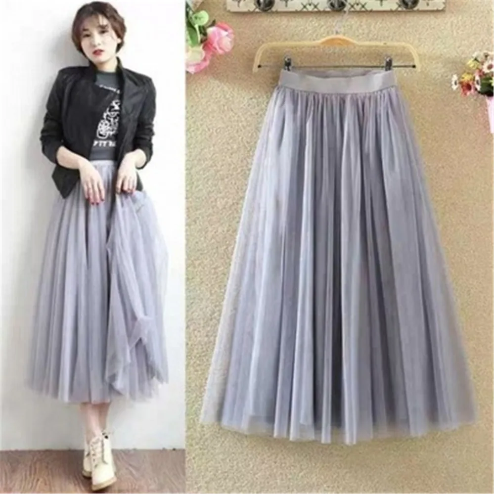 Korean Fashion New Spring Summer Vintage Tulle Skirt Women Elastic High Waist Mesh Skirts Female Dress Long Pleated Tutu Skirt