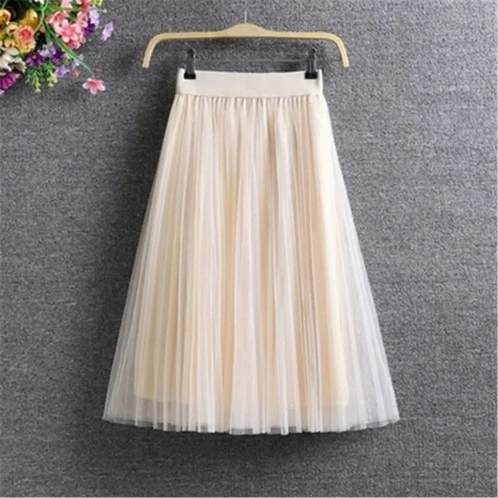 Korean Fashion New Spring Summer Vintage Tulle Skirt Women Elastic High Waist Mesh Skirts Female Dress Long Pleated Tutu Skirt