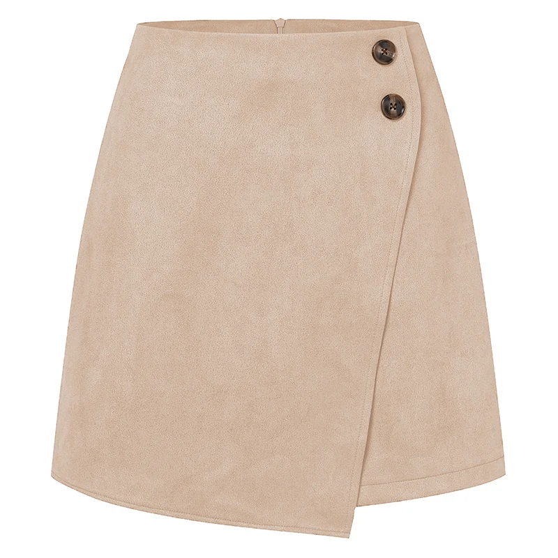 Chic Faux Suede Mini Skirts Women Design Irregular Button Skirts Woman Spring Autumn High Waist Zipper Up A-Line Skirt Ladies