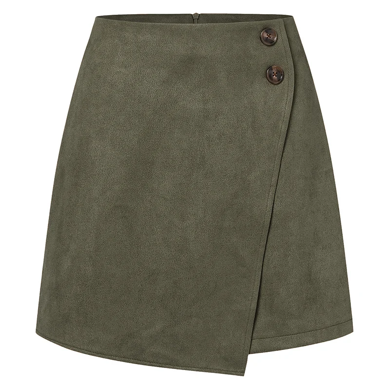 Chic Faux Suede Mini Skirts Women Design Irregular Button Skirts Woman Spring Autumn High Waist Zipper Up A-Line Skirt Ladies